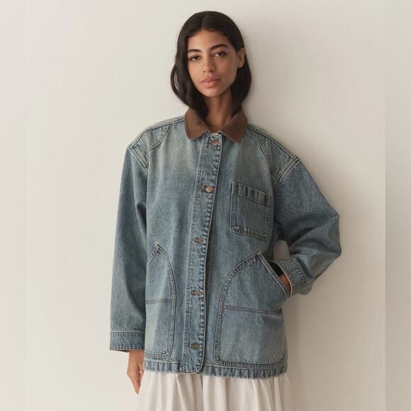 NWT Doen Pascual Cotton Denim Jean Corduroy Collar Barn Jacket Deveraux Wash - Picture 2 of 7